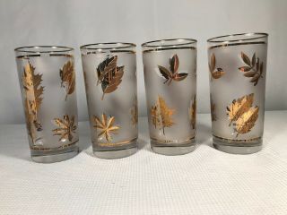 4 Vintage Libbey Frosted Gold Leaf Foliage Mid Century Glasses 12 Ounces
