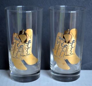(2) Vintage Culver Hi - Ball Tumblers Glasses W/gold Cowboy Boots Design Country
