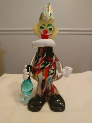Vintage 11 " Murano Blown Glass Clown Figurine With Umbrella Looooooooook