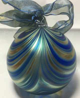 Vintage - Blue - Green Feathered Hand Blown Glass Ball Hanging Christmas Ornament