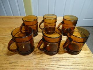 6 - Vintage Anchor Hocking Amber Brown Barrel Style Coffee Mugs Cups,  Fire King