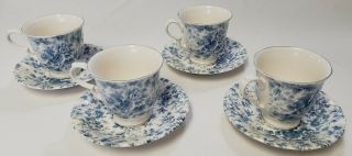 Nikko Blossom Time Tea Roses Blue Floral Set Of Four Footed Teacups And Saucers
