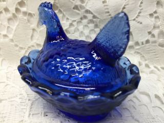 Blue Vaseline glass salt celt dip hen chicken on nest basket dish Cobalt uranium 2