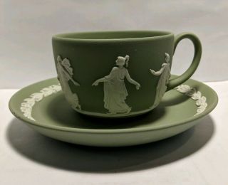 Wedgewood Green Jasperware Tea Cup And Saucer