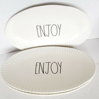 Rae Dunn 3x Enjoy Oval Ivory Platter Plates 10 X 6 Kitchen Dishware Gift