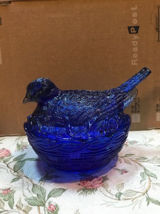 Deep Cobalt Blue Westmoreland Glass Bird On Nest With Basket - Weave Base