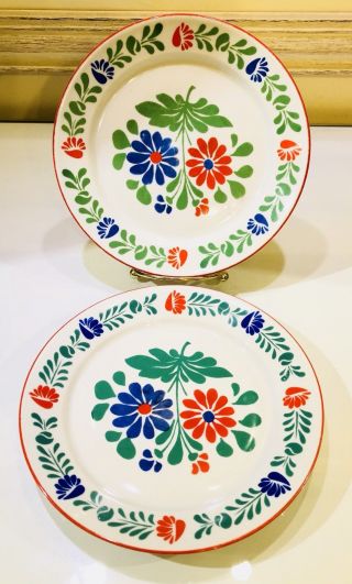 2 Alfoldi Porcelain Salad Dessert Plates Red Blue Floral Folk Art Hungary 7.  5 In