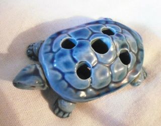 Antique Blue Glaze Pottery Turtle 5 Hole Flower Frog Holder