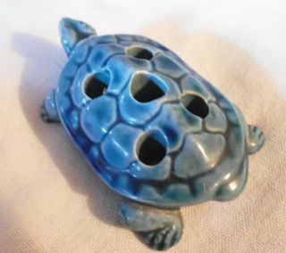 ANTIQUE Blue glaze POTTERY TURTLE 5 hole FLOWER FROG holder 2