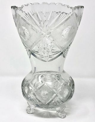 Vintage Heavy Etched Lead Crystal Footed Glass Vase 8”
