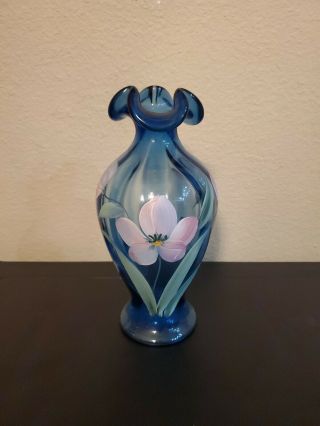 Vintage Signed Fenton M.  Wagner Studio Art Glass Cobalt Blue Vase Hand - Painted