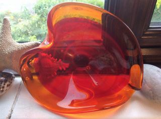 Vintage Murano Art Glass Red And Amber Biomorphic Cased Glass Bowl,  Not Signed