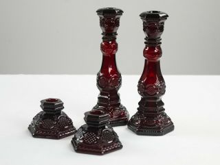 Avon Ruby Red Cape Cod Tall & Short Candlestick Holders 2 Pairs,  Vintage 4pc Set