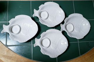 Set Of 4 Vintage Calif Usa Pottery White Fish Seafood Luncheon Or Snack Plates