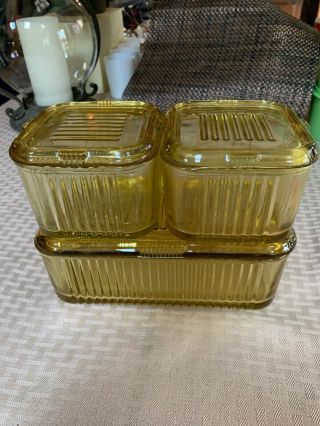 Set Of 3 Vintage Amber Federal Glass Lidded Ribbed Refrigerator Dishes