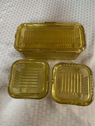 Set Of 3 Vintage Amber Federal Glass Lidded Ribbed Refrigerator Dishes 2