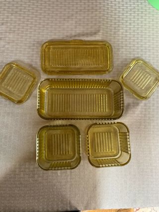 Set Of 3 Vintage Amber Federal Glass Lidded Ribbed Refrigerator Dishes 3