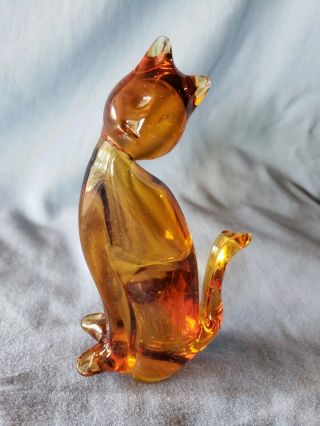 Vintage Murano Art Glass Amber Brown Crystal Cat Figurine Paperweight