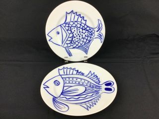 Fitz & Floyd In Glaze Blue Vintage Set Of 2 Plates Fish Plates 7.  5” Carp 1976