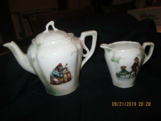 Antique Circus Theme Childs Porcelain Teapot & Creamer Marked Bavaria