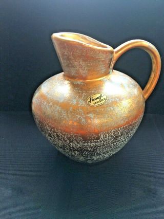 Vintage Signed Stangl Pottery Handled Turquoise Brushed Gold Pitcher 4060
