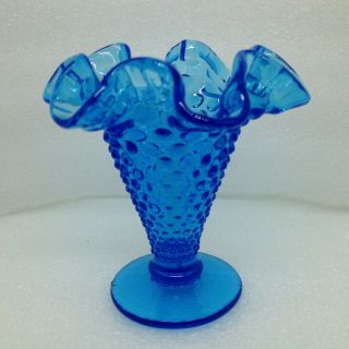 Vintage Fenton Deep Colonial Blue Glass Hobnail Trumpet Vase Ruffled Crimped