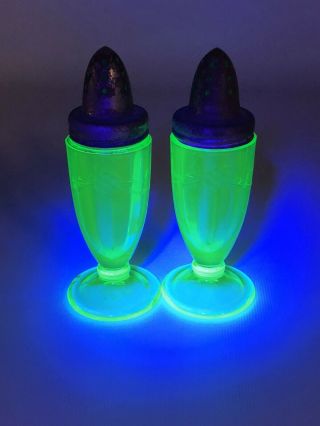 Uranium Glass Salt And Pepper Shakers Vaseline Glow Antique Etched Floral