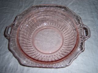 Lovely Vintage Pink Depression Glass 10 " Floral Ribbed Bowl W/handles