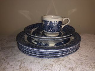 Churchill Blue Willow China 9 Piece Set 10 - 1/4” Plates Bowls Cup And Saucer