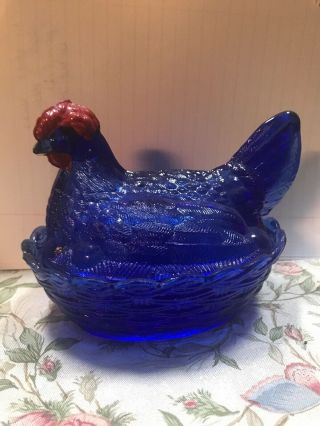 Deep Cobalt Blue Westmoreland Glass Hen On Nest With Basket - Weave Base