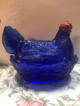 Deep Cobalt Blue Westmoreland Glass Hen on Nest With Basket - weave Base 2
