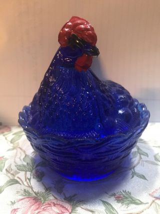 Deep Cobalt Blue Westmoreland Glass Hen on Nest With Basket - weave Base 3