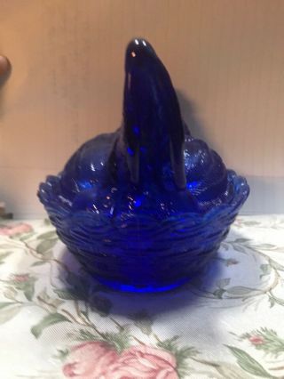 Deep Cobalt Blue Westmoreland Glass Hen on Nest With Basket - weave Base 4