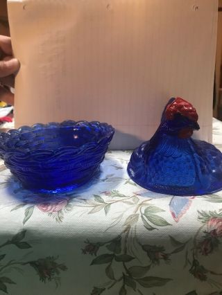 Deep Cobalt Blue Westmoreland Glass Hen on Nest With Basket - weave Base 5
