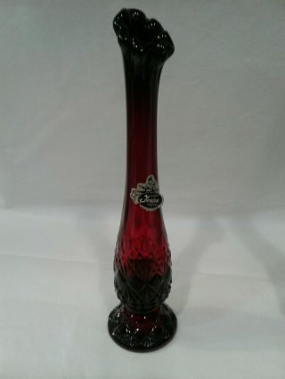 Spotless Petite Fenton Ruby Red Bud Vase.  Stretch Swung & Embossed With Label
