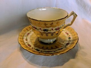 Old Aynsley Tea Cup And Saucer - Butter Yellow With Roses And Other Flowers