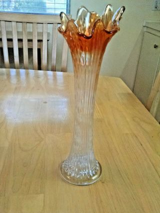 Diamond Point Columns Marigold Carnival Glass Vase 12 1/2 " Tallest