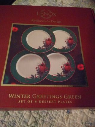 Lenox Winter Greetings Set Of 3 Dessert Plates Green Band & Cardinal Boxed