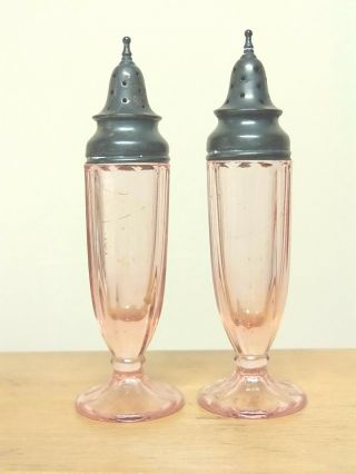 Victorian Pink Salt & Pepper Shakers Depression Glass With Sterling Tops