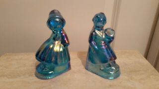 Vintage Wheaton Blue Carnival Glass Victorian Boy & Girl Bookends