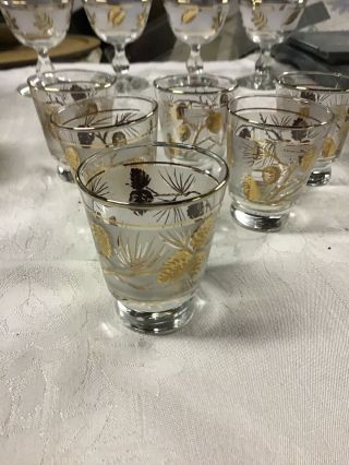 Set Of 6 Vintage Frosted Gold Libbey Pine Cone Juice Glasses