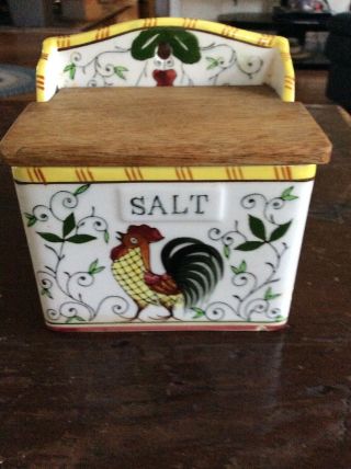 Vintage Ucagco Py Rooster Roses Salt Box Wooden Top