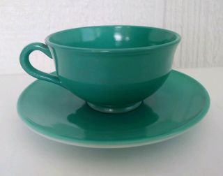 Vtg Anchor Hocking Teal Green Colored Milk Glass Tea Coffee Cup & Saucer Plate
