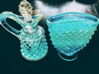 2x Vintage Fenton Blue Opalescent Art Glass Hobnail Small Cruet With Stopper