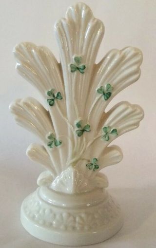 Rare Belleek Ireland Pottery Bud Vase_ivory With Green Shamrocks_three Openings