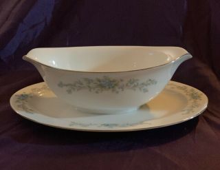 Royal Court Fine China Blue Fantasy Gravy Boat With Attached Platter