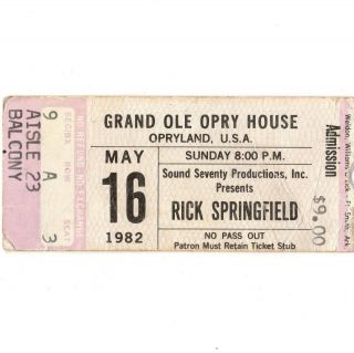 Rick Springfield Concert Ticket Stub Nashville Tn 5/16/82 Grand Ole Opry House