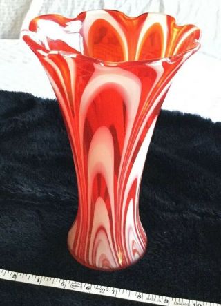 Tall Hand Blown Glass Vase Red - And White Swirl Pattern 10 Inch Tall