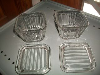 Anchor Hocking 1932 Vtg Design (2) Clear Glass Ribbed Refrigerator Dishes W/lids