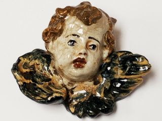 Vintage Antique Hand Painted Glazed Pottery Cherub Angel Head Wall Hanging Italy